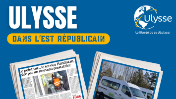 Visuel Ulysse annonçant un article dans L’Est Républicain sur le service Handistan du Grand Nancy avec une illustration de journal et un véhicule de transport adapté.